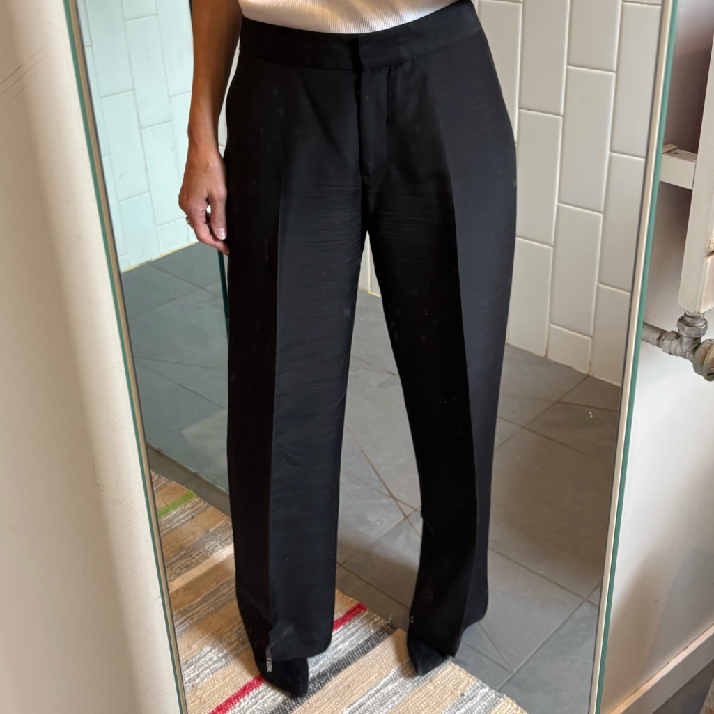 L'wren Scott Black Wool/Silk Faille Flat-Front Wide Straight Leg Pant